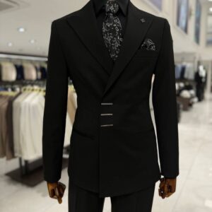Men's Slim-Fit All-Black Modern Evening Suit - Wide Peak Lapel & Accent Closures