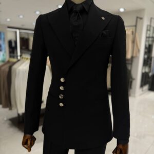 Product Title Men's Slim-Fit All-Black Asymmetric Evening Suit - Silver Button Accent & Peak Lapel