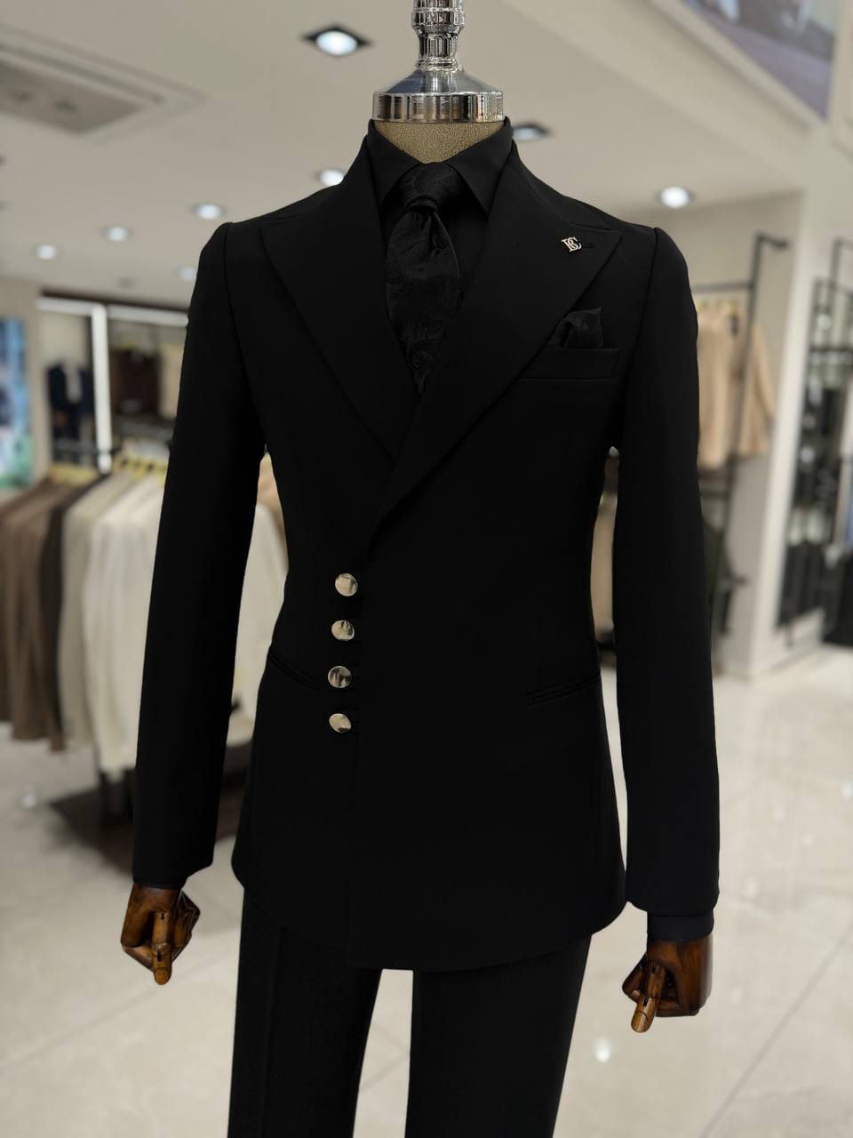 Product Title Men's Slim-Fit All-Black Asymmetric Evening Suit - Silver Button Accent & Peak Lapel