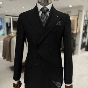 men’s black suit, double breasted suit, black formal suit, wedding suit, business suit, men’s formalwear, evening suit, formal events, men’s wedding outfit, black dress suit