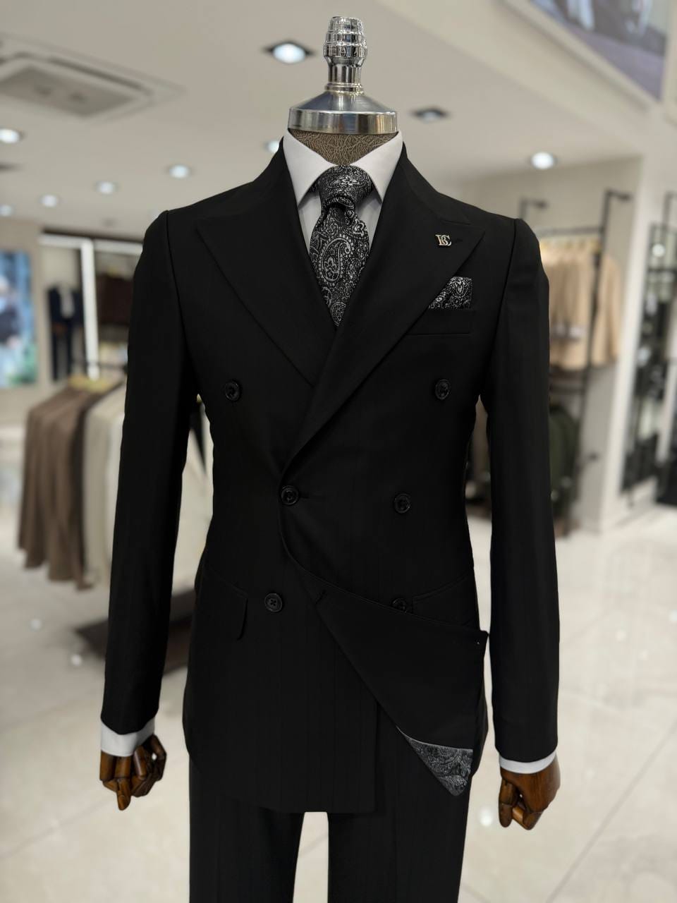 men’s black suit, double breasted suit, black formal suit, wedding suit, business suit, men’s formalwear, evening suit, formal events, men’s wedding outfit, black dress suit