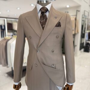 Men’s taupe double-breasted suit with peak lapels, flap pockets and matching trousers for weddings and formal events