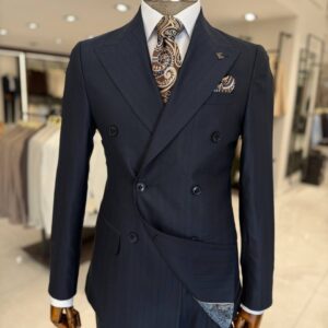 Men’s Navy Blue Double-Breasted Pinstripe Suit for Weddings, Business & Formal Events