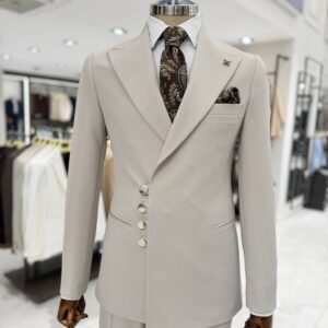 Men's Slim-Fit Beige Asymmetric Evening Suit - Silver Button Accent & Peak Lapel
