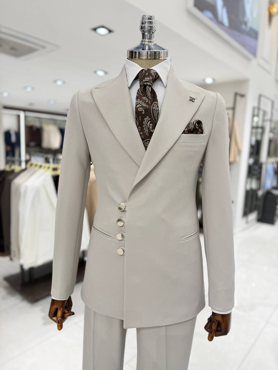 Men's Slim-Fit Beige Asymmetric Evening Suit - Silver Button Accent & Peak Lapel
