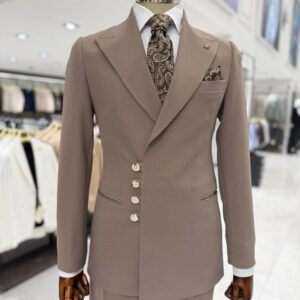 Men's Slim-Fit Asymmetric Double-Breasted Suit in Beige / Taupe