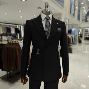 Men's Black Belted Blazer Suit for Business Meetings and Black Tie Events