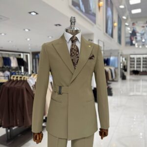 Men's Olive Belted Blazer Suit for Business Meetings and Black Tie Events