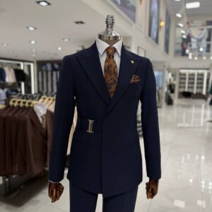 Men's Navy Belted Blazer Suit for Job Interviews and Formal Dinners Long Description: