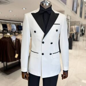 Men's White Double Breasted Tuxedo Jacket with Black Peak Lapel