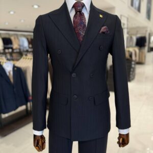 Men's Navy Blue Pinstripe Double Breasted Suit for Office Wear and Formal Events