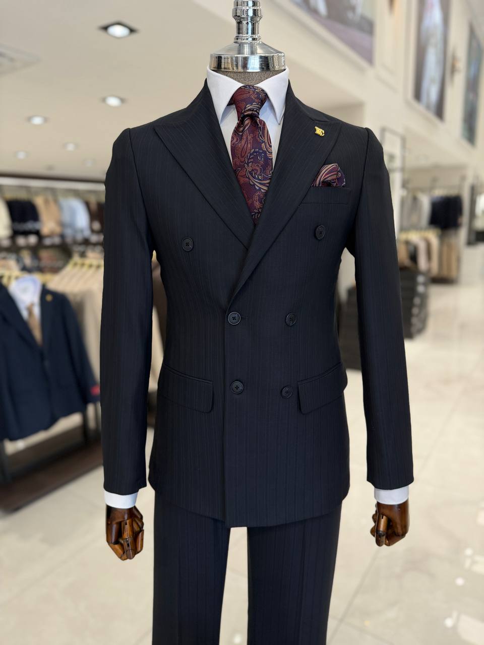 Men's Navy Blue Pinstripe Double Breasted Suit for Office Wear and Formal Events