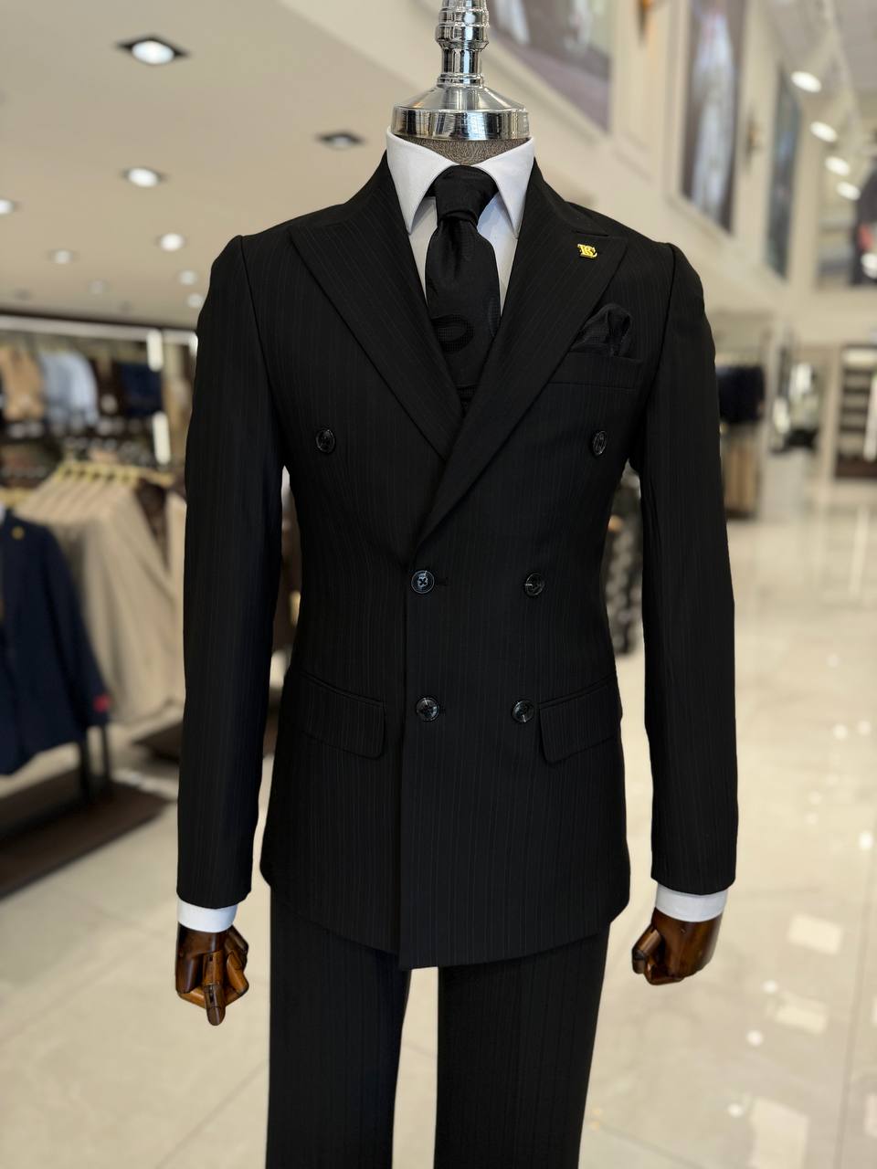 Men's Black Pinstripe Double Breasted Suit for Office Wear and Formal Events