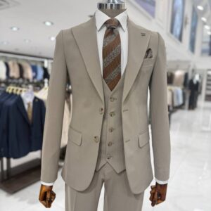 Men's Beige 3 Piece Tailored Suit for Weddings and Formal Events