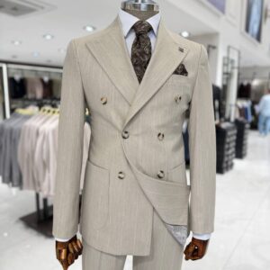 Men’s beige double-breasted suit styled for weddings, business events and formal occasions