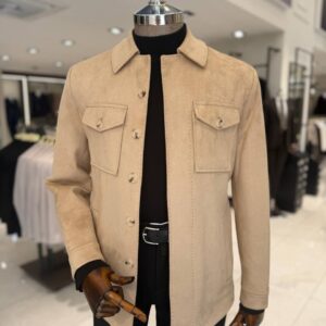 Men's beige button-up jacket with two chest flap pockets
