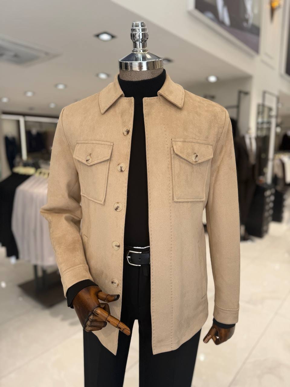 Men's beige button-up jacket with two chest flap pockets