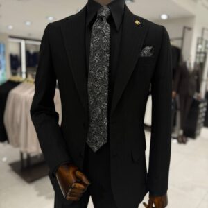 Men's black pinstripe suit for weddings and business occasions