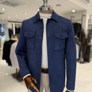 Men’s Navy Blue Button-Up Jacket with Flap Pockets
