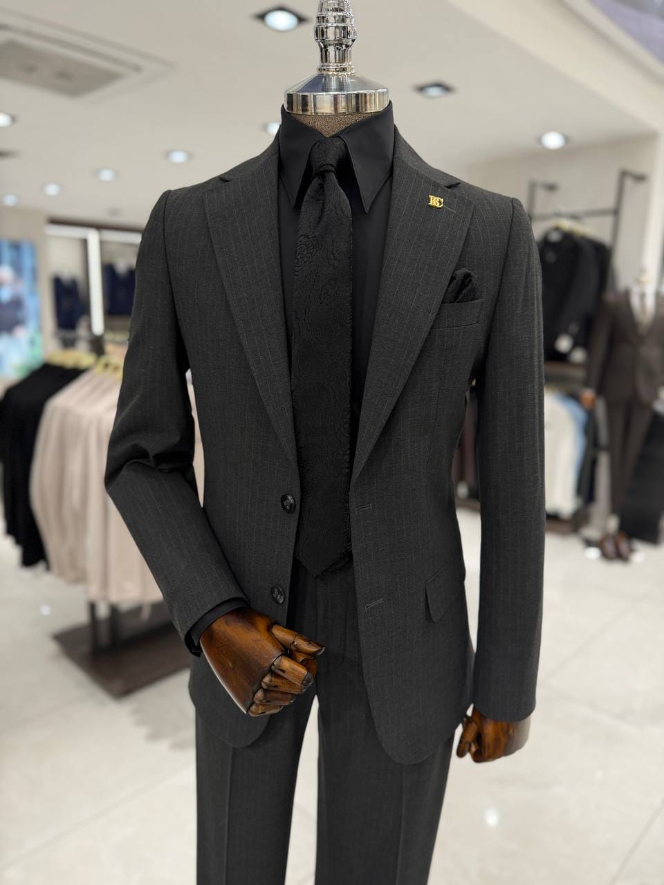 Men's grey pinstripe suit for business meetings and formal occasions